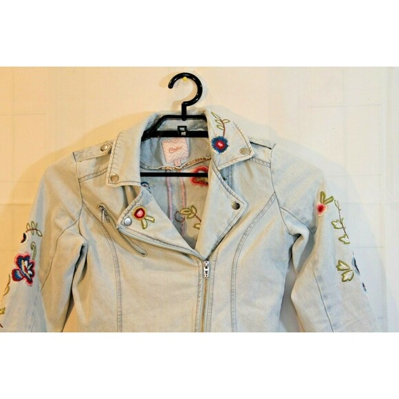 Candies Denim Jacket Floral Blue Bird Embroidered Asymmetric Zip Jean Womens S - Picture 3 of 7